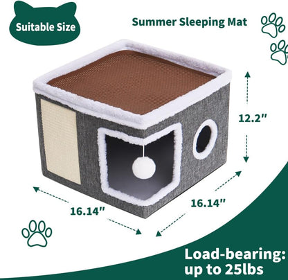 Beds for Indoor Cats,Large Cat Cave for Pet Cat House with Fluffy Ball Hanging and Scratch Pad,Side with Toy Storage Bag,Non-Slip Bottom