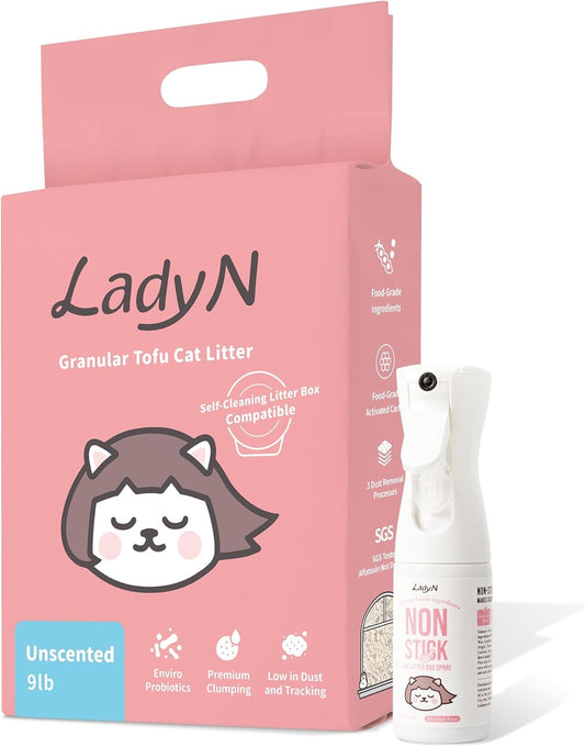 Cat Litter Box Optimizer Set: Granular Tofu Litter & Non-Stick Spray for Robot - Alcohol-Free, Food Grade Oil, Strong Clumping Litter