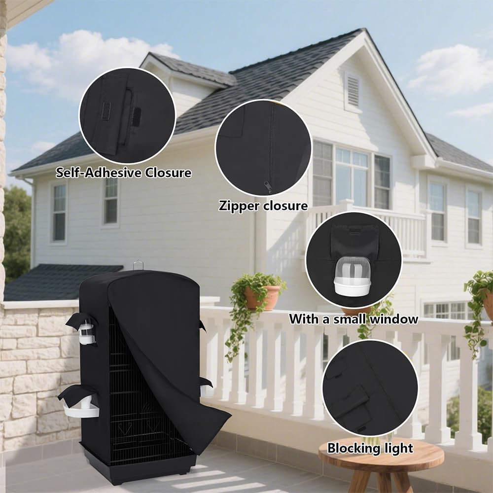 Bird Cage Cover for Night - Black Birdcage Cover with 4 Access Windows -Insulated Birdcage Cover with Dust Protection- Fits Parakeet, Cockatiel & Conure Medium Cages(17.7x13.4x32.3 inch)