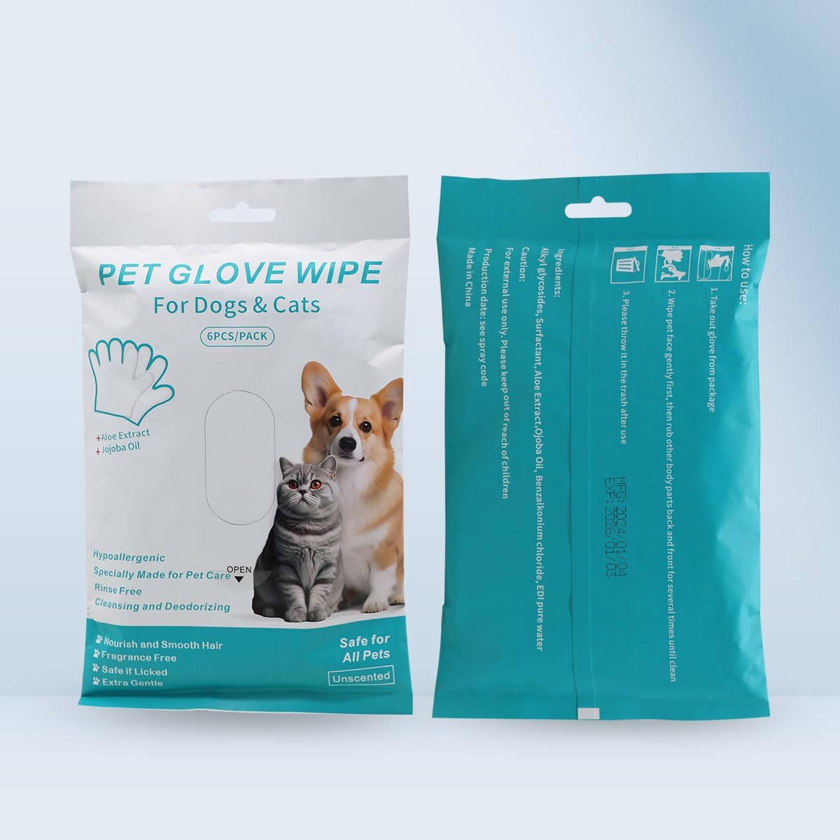 Pet Cleaning & Grooming Wipes Glove – Dual‑Side Pet Grooming Mitt for Dogs & Cats – Quick Fur & Dirt Removal, Gentle Natural Formula (Coconut Oil, Oat & Aloe), Soft & Moisturizing