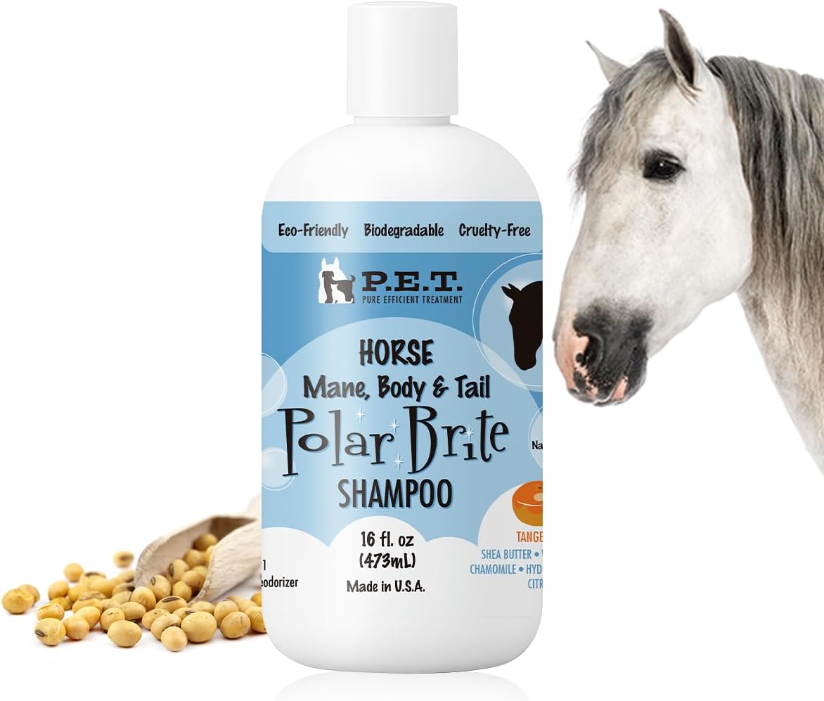 P.E.T. Polar Brite Mane, Body & Tail Horse Shampoo, 16 oz Convenient Bottle | Whitening & Brightening Tangerine-Herbal Blend | Cosmetic Grooming Formula