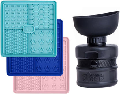 GORILLA GRIP Lick Mat for Dogs, 3Pack, Turquoise/RoyalBlue/Pink and Dog Water Bottle, 12oz, Black Bundle