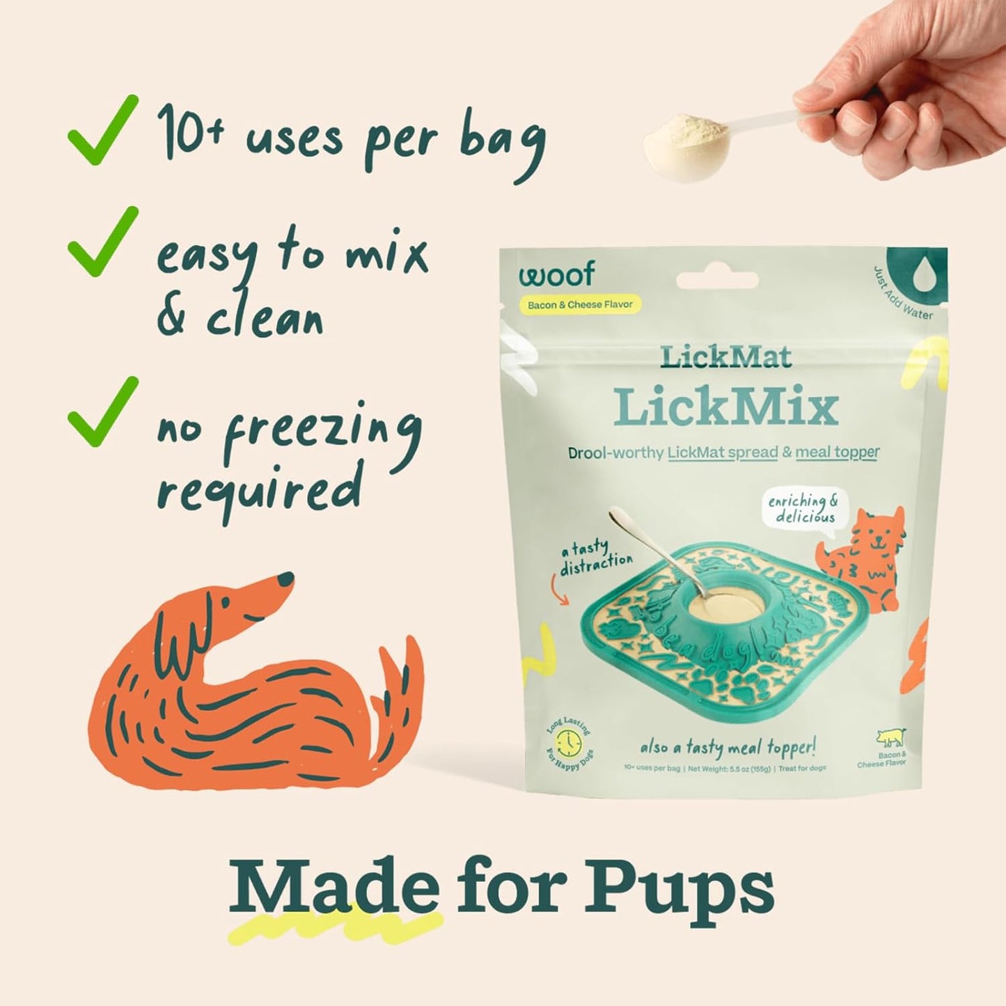 Woof Lick Mat and Bacon and Cheese LickMix Starter Pack Bundle - Dog Enrichment and Spread - Slow Feeder Mat with Non-Slip Design - Delicious, Lower Calorie Mix -Green