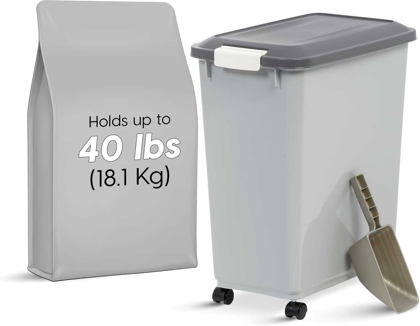 IRIS USA Dog Food Storage Container with Wheels, Airtight Lid, 2-Cup Scoop, Up to 40 Pounds Pet Food Storage, Built in Scoop Storage in Lid, Versatile Pet Food Bin, Portable, BPA Free, Gray/Dark Gray