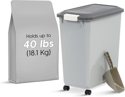 IRIS USA Dog Food Storage Container with Wheels, Airtight Lid, 2-Cup Scoop, Up to 40 Pounds Pet Food Storage, Built in Scoop Storage in Lid, Versatile Pet Food Bin, Portable, BPA Free, Gray/Dark Gray