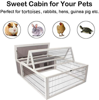 Tortoise House Habitat Wooden, Chicken Coop with Run Rabbit Hutch Small Animal Hutch Enclosure Indoor/Outdoor-Grey + White Trim