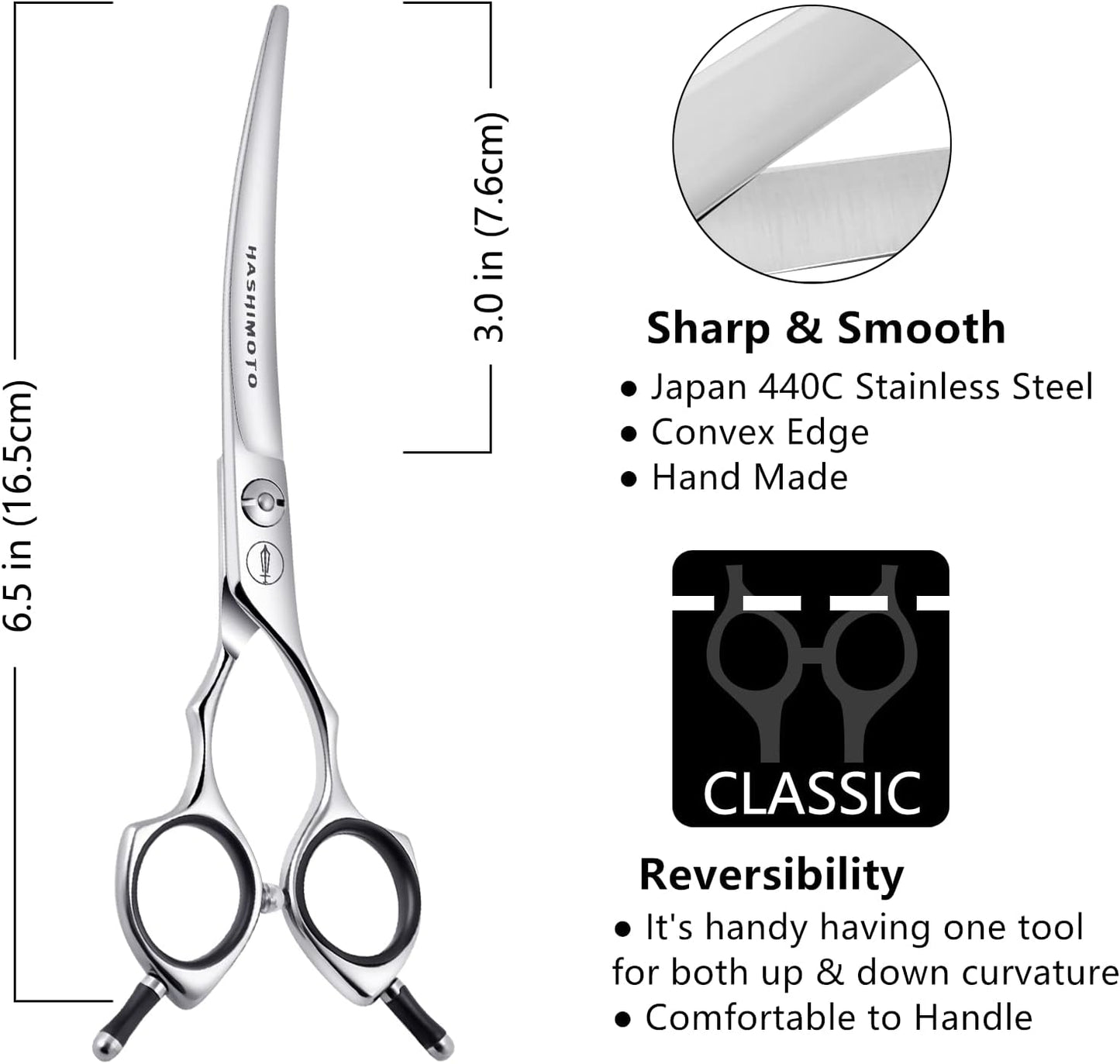 HASHIMOTO Dog Grooming Scissors, Curved Scissors for Dog Grooming, 6.5 inch, 30 Degree of Curved Blade,Light Weight, Pet Shears for Trimming Face and Paws.