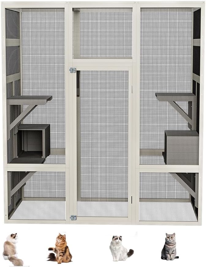 71" Large Outdoor Catio for Cats, Wooden Walk-in Cat Enclosure with Weatherproof Roof, Catio Outdoor Cat Enclosure with 5 Platforms & 2 Cozy Napping Boxes