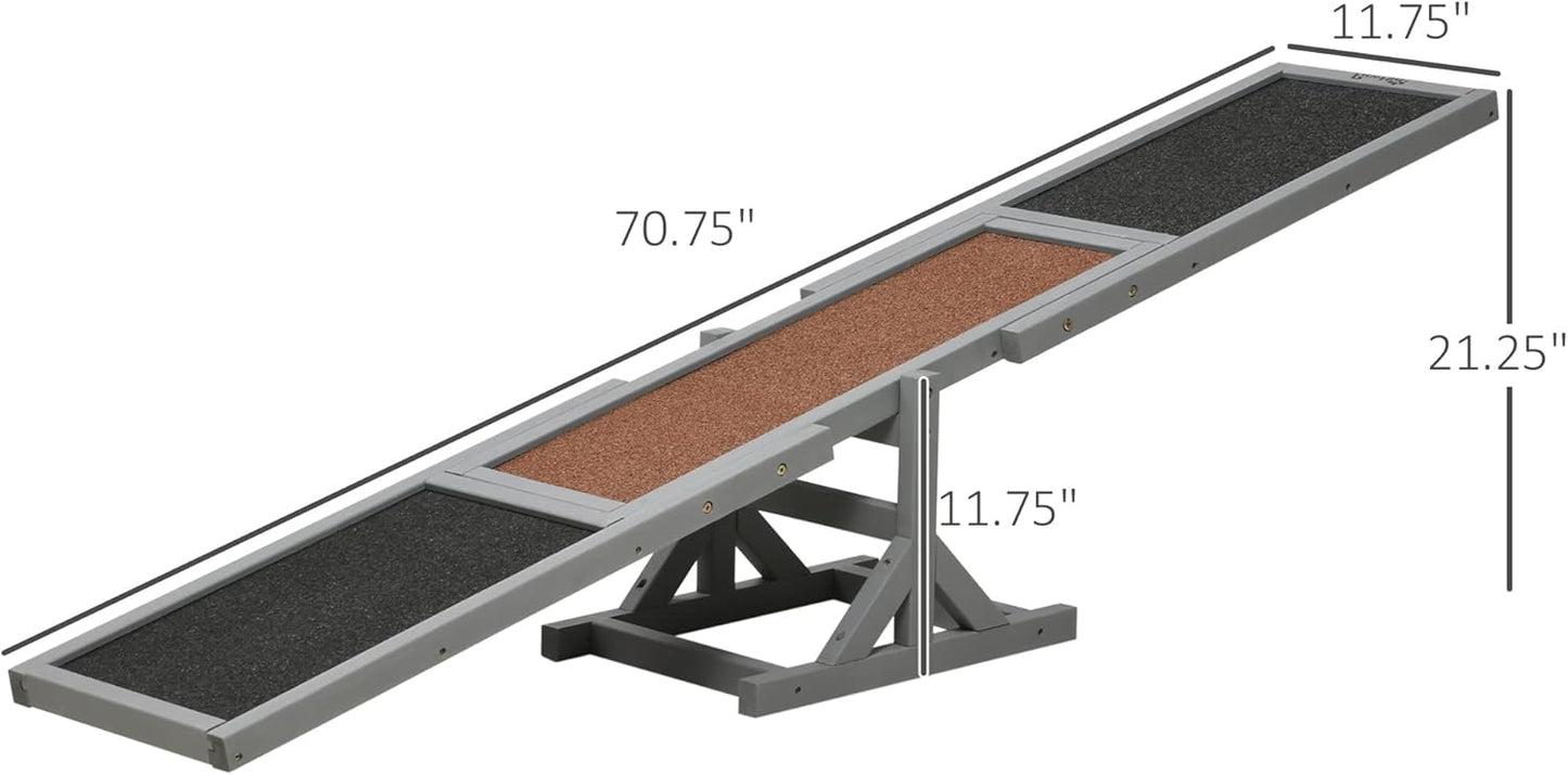 PawHut Wooden Dog Agility Seesaw for Training and Exercise, Platform Equipment Run Game Toy, Weather Resistant Pet Supplies, 71" L x 12" W x 12" H, Gray