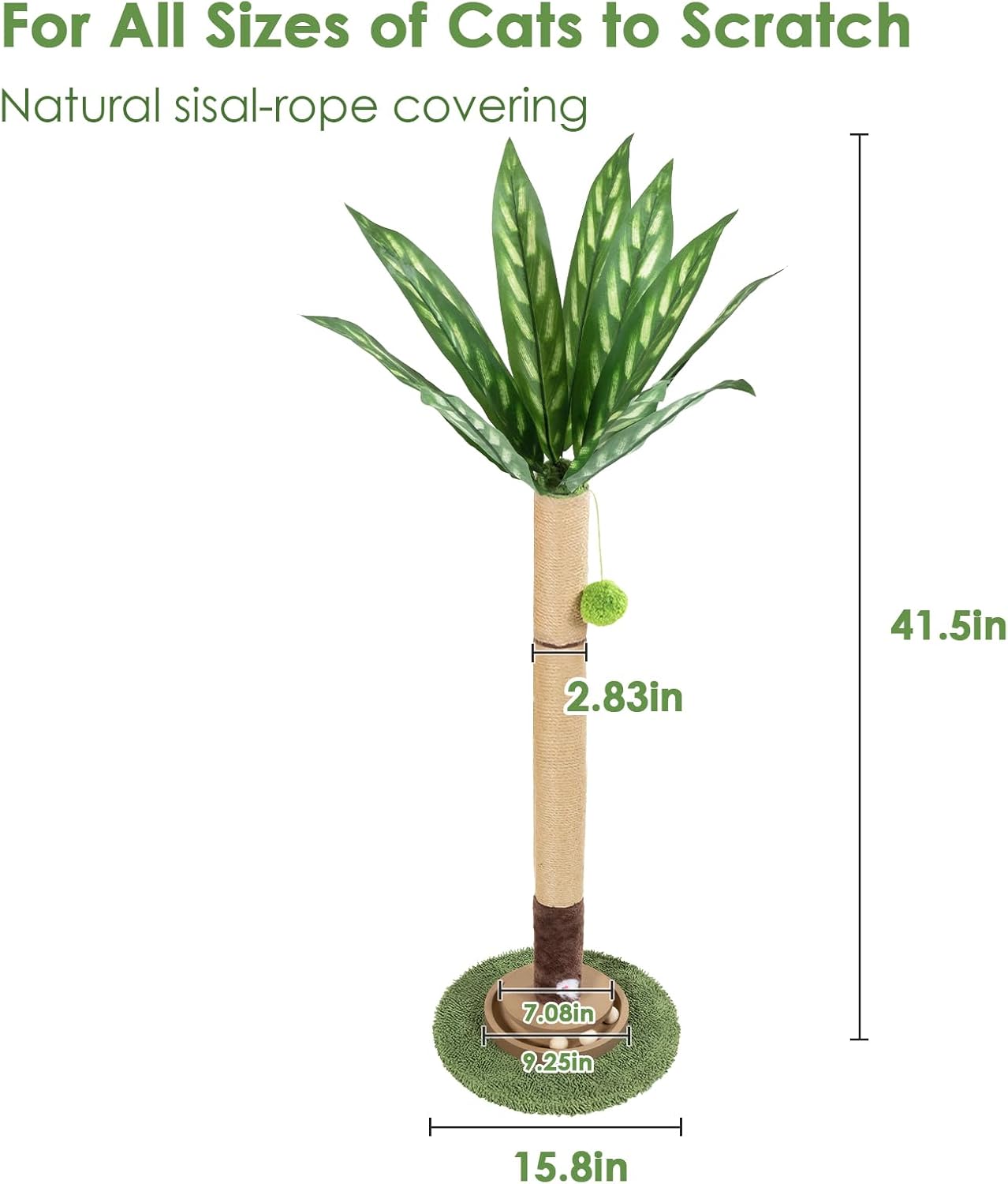 Cat Scratching Post, 35 Inch Tall Cat Scratcher Cat Tree Tower with Hanging Ball for Indoor Cats Adults,Peacock Plant Leaf,Sisal Rope Kitten Scratch with Interactive Mouse Cat Toy