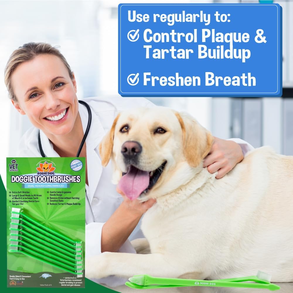 Bodhi Dog Dual-Headed Toothbrush for Dogs & Cats - Soft Bristles for Gentle Pet Dental Care - Puppy & Adult Teeth Cleaning - Easy-to-Use Design for Healthy Gums & Fresh Breath (8 Count)