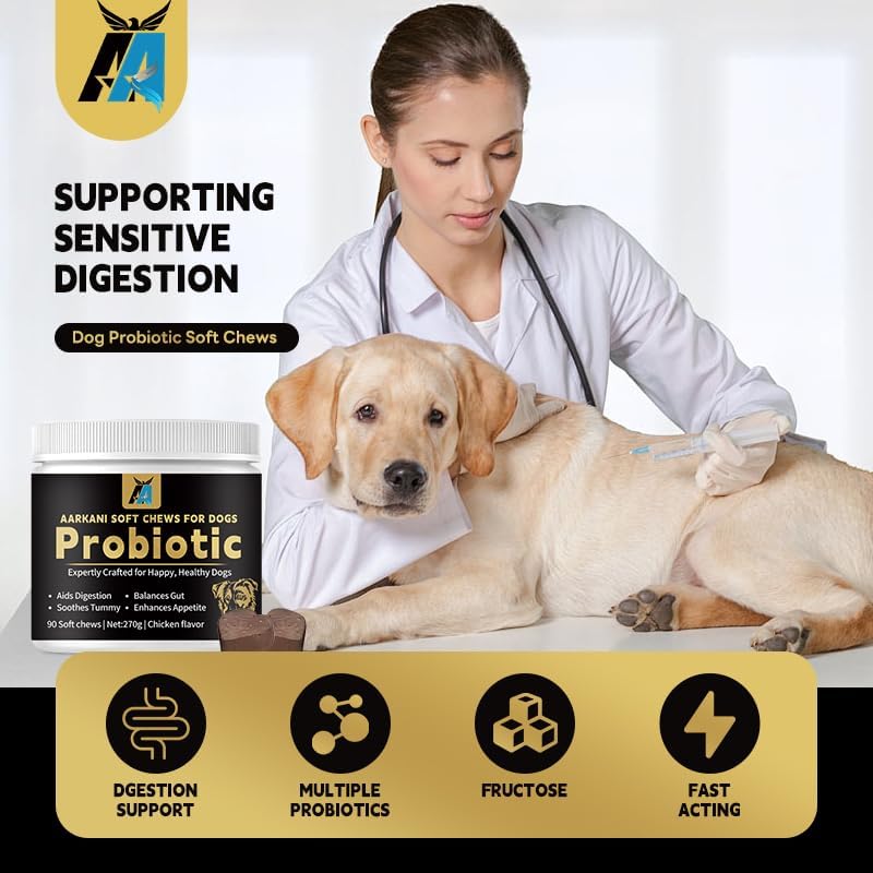 Aarkani Probiotic Supplement for Dogs – Promotes Digestive Health, Soothes Stomach, and Boosts Immunity – Chicken Flavor – Vet-Formulated– 90 Soft Chews