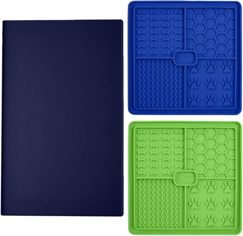 Gorilla Grip Silicone Pet Feeding Mat and Dog and Cat Lick Mat 2 Pack, 18.5x11.5 in Dog Cat Food Mat Contains Spills Navy Color, Interactive Activity Toy Licking Pad 1 Royal 1 Green, 2 Item Bundle