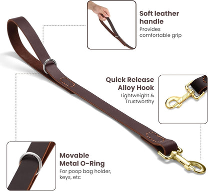 Leather Dog Leash, Strong Traffic Pet Short Lead & Heavy Duty Metal Hook for Training and Walking. (2.0ft L x 2.5cm W)