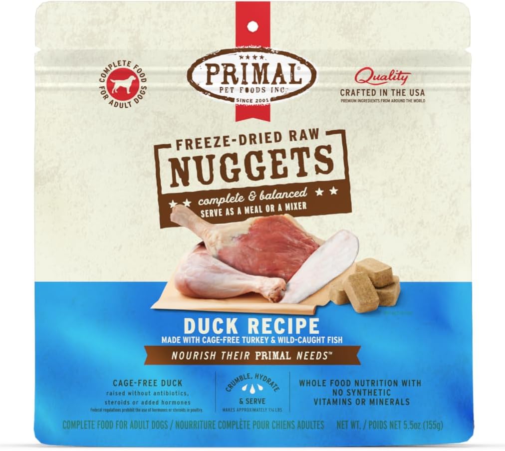 Primal Freeze Dried Raw Dog Food Nuggets, Duck, Complete & Balanced Meal, Also Use as Topper or Treat, Premium, Healthy, Grain Free, High Protein Raw Dog Food, 5.5 oz