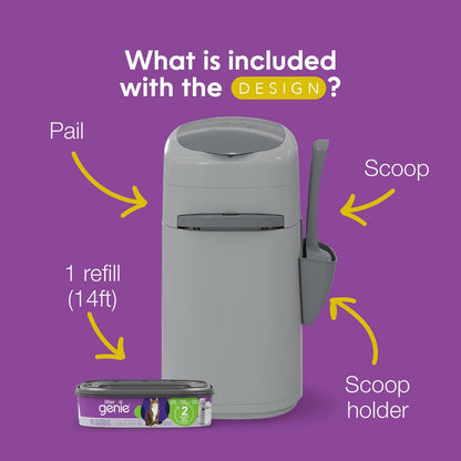 Litter Genie Design Pail Includes a Refill That can Last up to 2 Months, a Scoop, and a Scoop Holder.