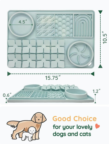 Slow Feeder Bowl Bundle: Mint Green 4in1 Licking mat (15.75" x 10.5" x 1.2") + Light Blue Starry Sky Feeder (4.3" x 2.9"), Silicone Lick mat with Suction Cups for Slow Eating and Keep Busy