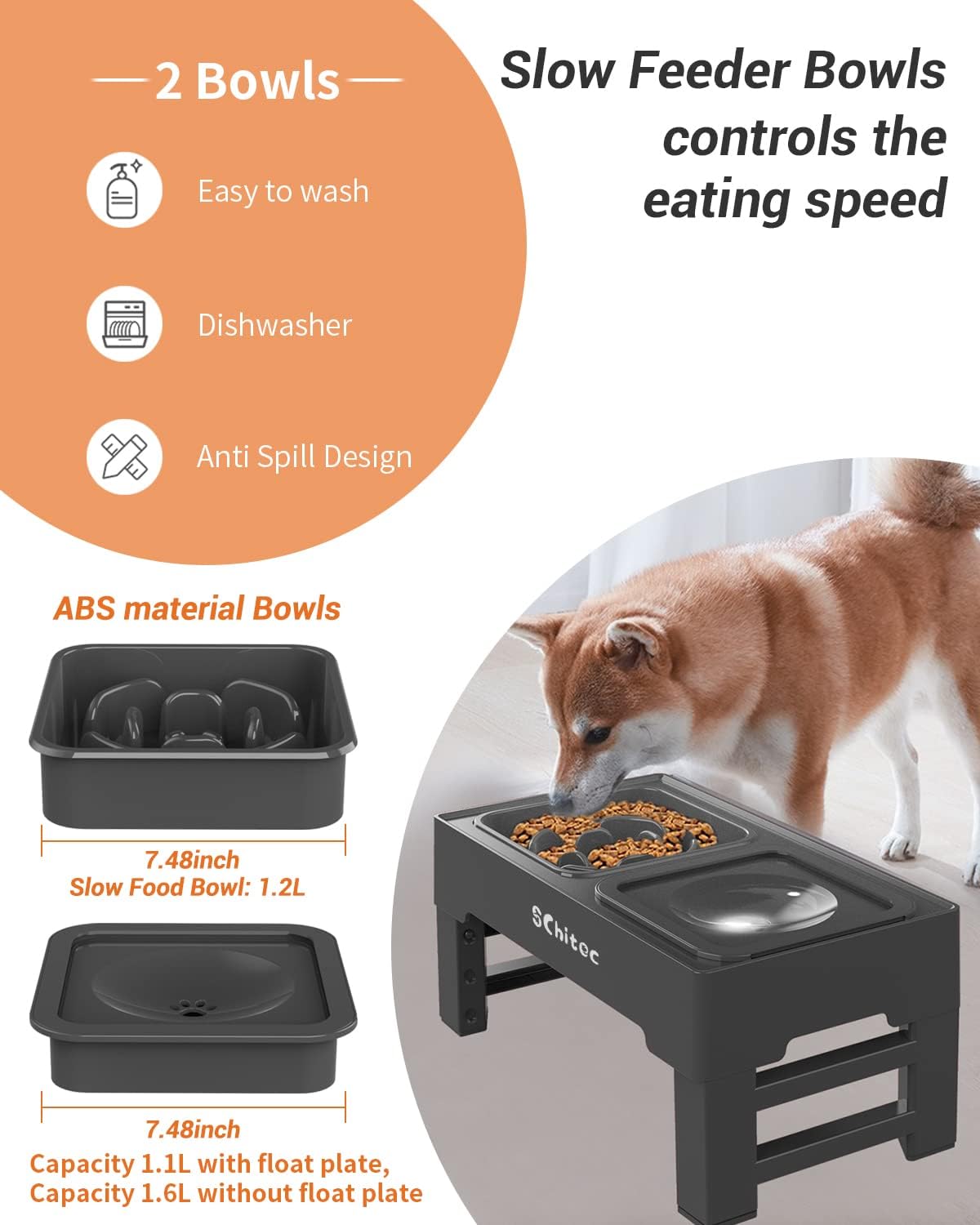 Elevated Dog Bowls, Raised Dog Bowl Stand with Slow Feeder & No Spill Water Bowl, 4 Adjustable Heights for Large Medium and Small Dogs