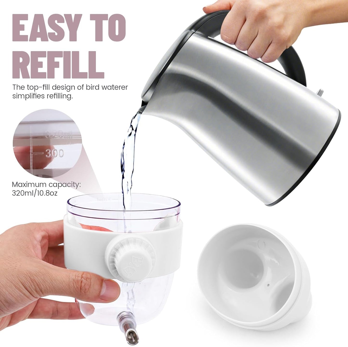 10.8Oz No Mess Bird Water Dispenser, Automatic Bird Water Feeder with No Drip Needle Nozzle, Parrot Parakeet Waterer Bottle for Cage Accessories (White, ONE)