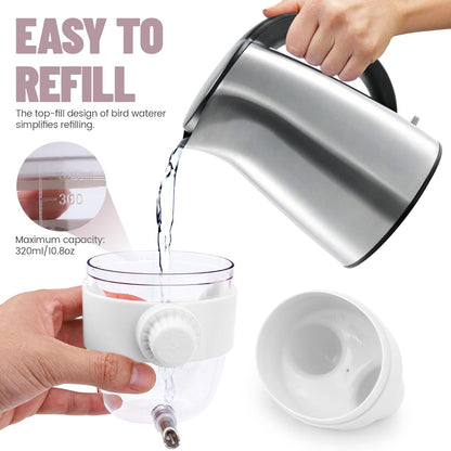 10.8Oz No Mess Bird Water Dispenser, Automatic Bird Water Feeder with No Drip Needle Nozzle, Parrot Parakeet Waterer Bottle for Cage Accessories (White, ONE)