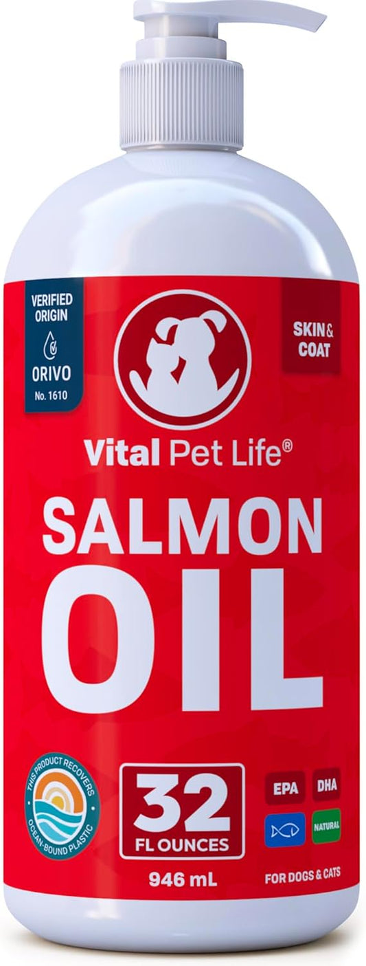Salmon Oil for Dogs & Cats - Healthy Skin & Coat, Fish Oil, Omega 3 EPA DHA, Liquid Food Supplement for Pets, All Natural, Supports Joint & Bone Health, Natural Allergy & Inflammation Defense, 32 oz