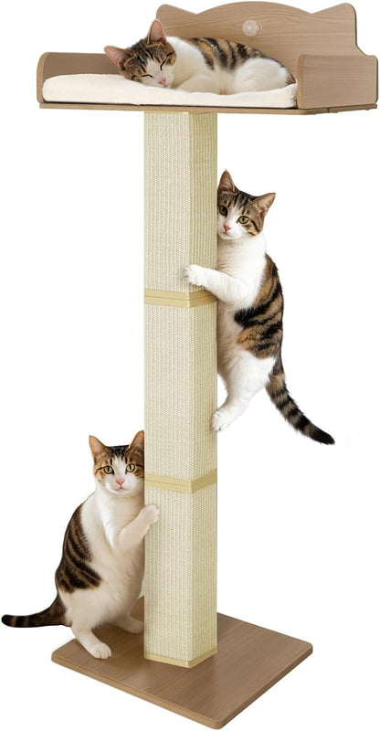 Cat Window Perch with Thick Sisal Scratching Post, Cats Hammock for Window with 3 Upgrade Suction Cups, 55" Adjustable Tall Cat Scratching Post with Large Perch, Cats Window Bed with Fluffy Cushion