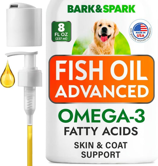 BARK&SPARK Fish Oil for Dogs&Cats - Natural Omega-3 -Skin & Coat Support -Liquid Food Supplement for Pets-EPA+DHA, Immune&Heart Health - 8 fl oz Fish