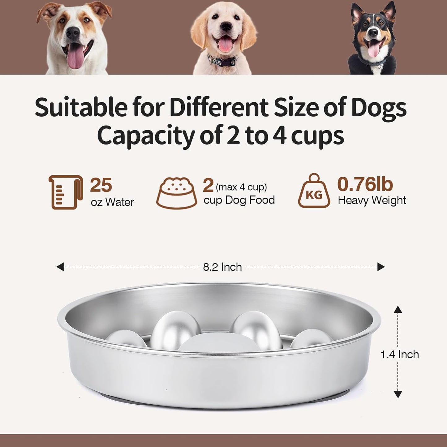 Slow Feeder Dog Bowls Stainless Steel with Non-Slip Silicone Base Metal Bowl 2 Cups Heavy Duty Large Capacity Slow Feed for Small, Medium, Large Breed Dogs to Slow Down Eating