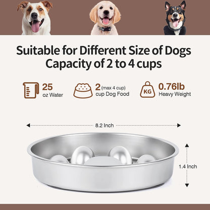 Slow Feeder Dog Bowls Stainless Steel with Non-Slip Silicone Base Metal Bowl 2 Cups Heavy Duty Large Capacity Slow Feed for Small, Medium, Large Breed Dogs to Slow Down Eating