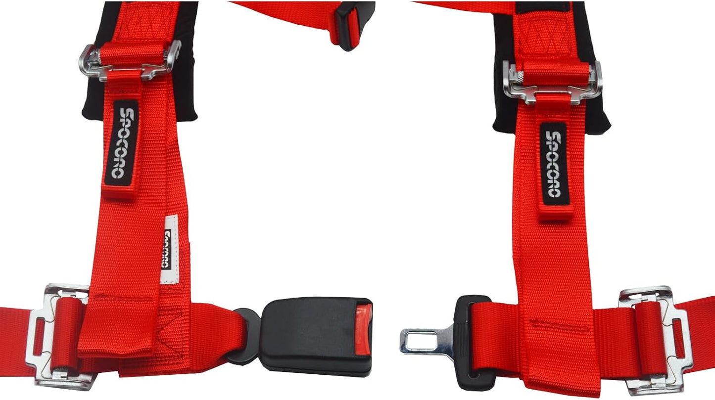 4 Point Racing Harness Buckle Release with Ultra Soft Heavy-Duty Shoulder Pads, 2" Nylon Webbing (2 Pack), Red