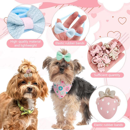 45 Pcs Light Pink Small Dog Hair Bows with Rubber Bands Puppy Bows for Ears Cute Grooming Flower Bowknot Strawberries Topknot Dog Hair Accessories for Small Dogs Girl Hair Ties for Yorkie Shih tzu
