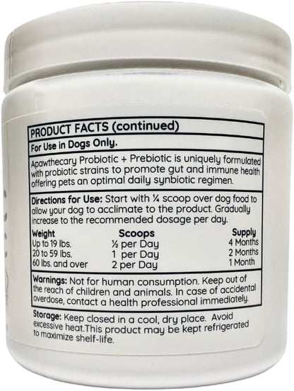 Apawthecary Probiotic and Prebiotic Supplement for Dogs, 5 Billion CFU, 7 Strains, Gut Health Support, 3.8 oz Powder with Pumpkin and Carrot