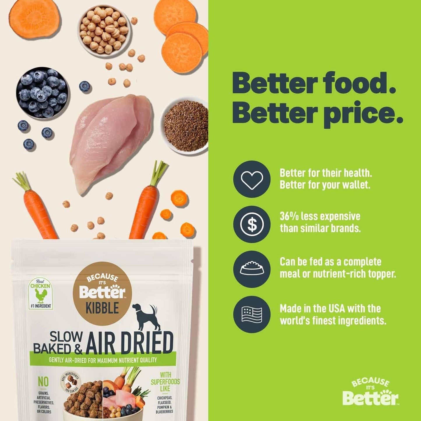 Because It's Better Slow Baked and Air Dried Dog Food, Real Chicken and Veggies, 3lb Bag, Complete and Balanced Dry Dog Food, for All Life Stages