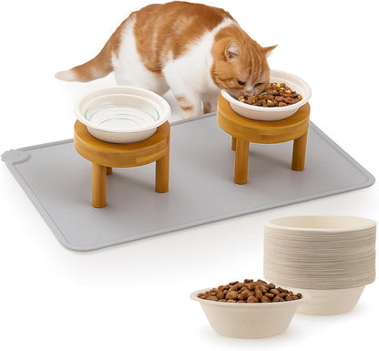 LemonRoad 53 Pcs Disposable Cat Bowls with Food Mat 50 Compostable Disposable Pet Bowls 2 Elevated Wooden Stand Cat Food and Water Dishes for Cats Puppies Travel Camping Outdoor Use