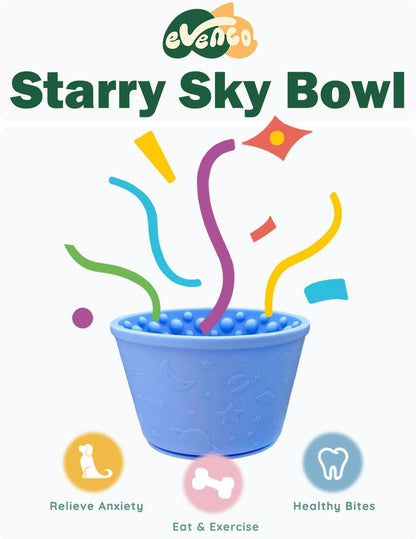 Slow Feeder Bowl Bundle: Green Frozen Lick Mat (8.0" x 1.4") + Light Blue Starry Sky Feeder (4.3" x 2.9"), Freeze-Friendly Lick Bowl with Suction Cups for Enrichment and Anxiety Relief