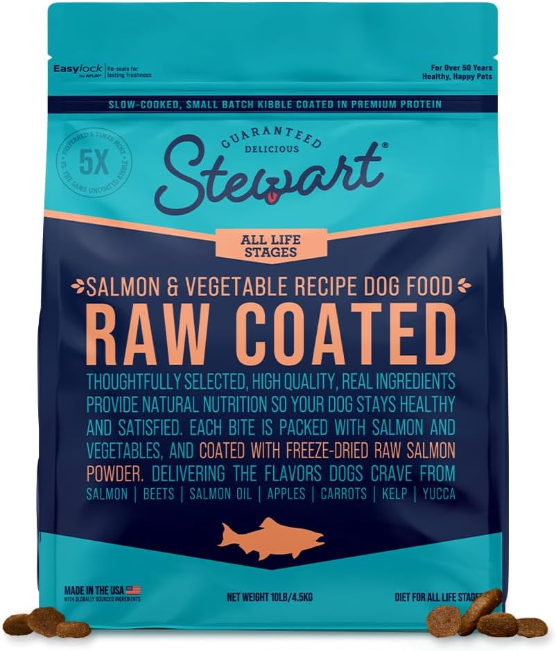 Stewart Raw Coated Dog Food, Salmon & Vegetable Recipe, 10 Pound Bag, Freeze Dried Salmon Powder Coating