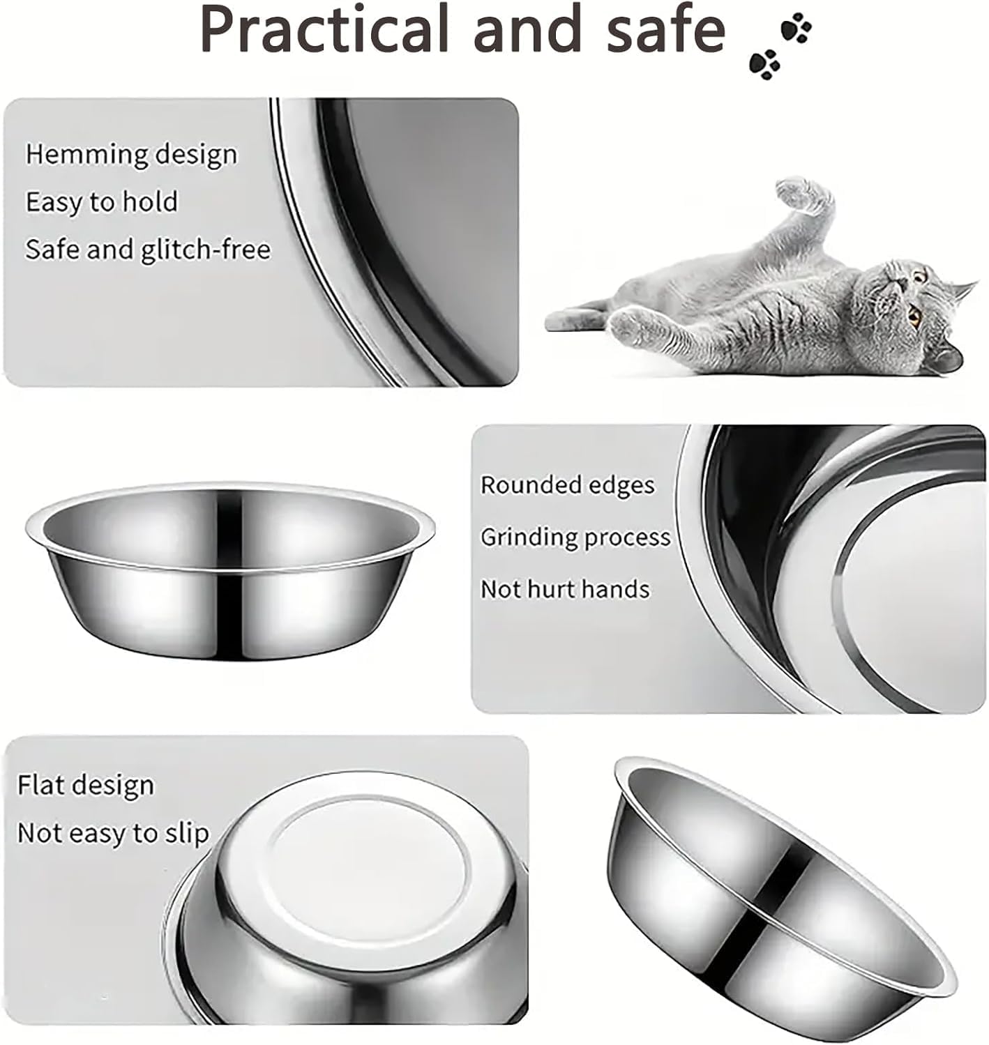 Stainless Steel cat Bowls，6PCS Bowls Whisker Friendly,Elevated Stand,Dishwasher Safe Shallow Wide Flat Food Bowls,Metal Dishes Whisker Fatigue Relief,Replacement Basic Plates
