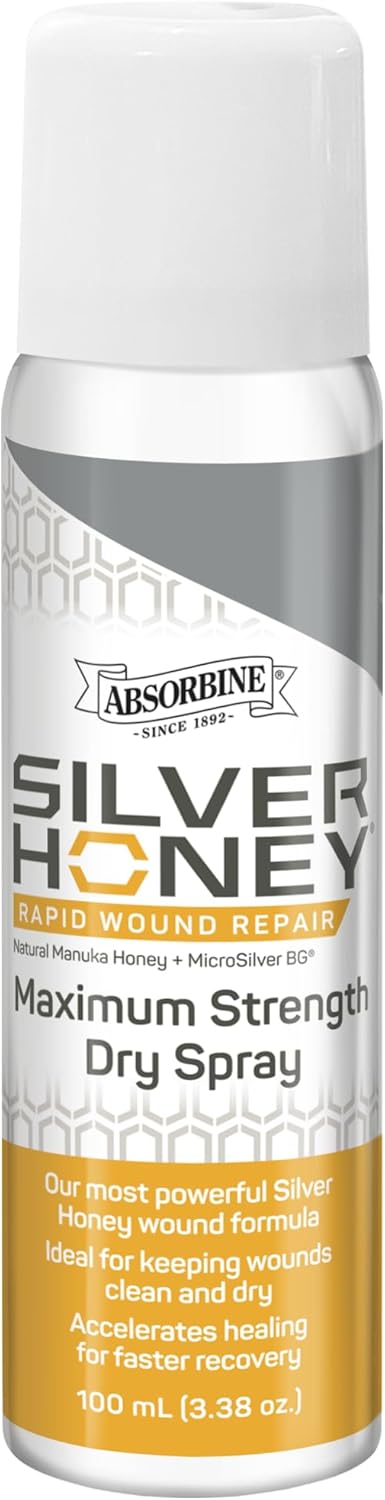 Silver Honey Rapid Wound Repair Maximum Strength Dry Spray 100 ml / 3.38 oz, Manuka Honey + MicroSilver BG, Equine First Aid & Wound Care