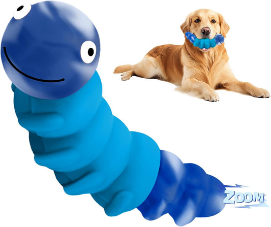 Caterpillar Indestructible Dog Toys for Aggressive Chewers, Tough Chew Proof Toy for Large Dogs, Squeaky Rubber Chew Toy with Beef Flavor for Boredom & Anxiety Relief (Blue)