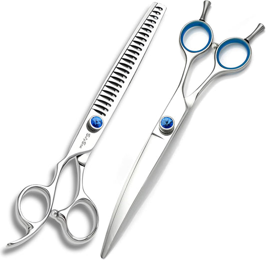 7.5in 25° Curved & Chunker Professional Dog Grooming Scissors Set, 24 Teeth Thinning Shears for Dog Grooming, VG10 Steel Sharp, Pet Trimming Shears for Dogs Cats Groomer, Ergonomic with CNC Screw