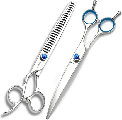 7.5in 25° Curved & Chunker Professional Dog Grooming Scissors Set, 24 Teeth Thinning Shears for Dog Grooming, VG10 Steel Sharp, Pet Trimming Shears for Dogs Cats Groomer, Ergonomic with CNC Screw