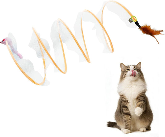 Andiker Cat Tunnel Toy, 10inch Collapsible Metal Cat Spring Toy with Nylon Mesh, Feather, Mouse, and Bell, Interactive Cat Toys for Indoor Cats to Scratch, Puzzle, Relax and Kill Time (Mouse)