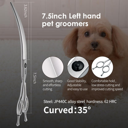 Professional Left Handed Curved Dog Grooming Scissors for Lefty Groomers 35° Arc Grooming Shears for Dogs Pet Cat Japanese 440C Sharp and Durable(7.5 in,Lefty)