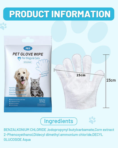 Pet Cleaning and Deodorizing Bathing Disposable Grooming Glove Wipes for Dogs and Cats, Extra Thick Nourish Fur No-Rinse Grooming Wipes for Daily Care and Travel, Hypoallergenic, Unscented, 6PCS/Pack