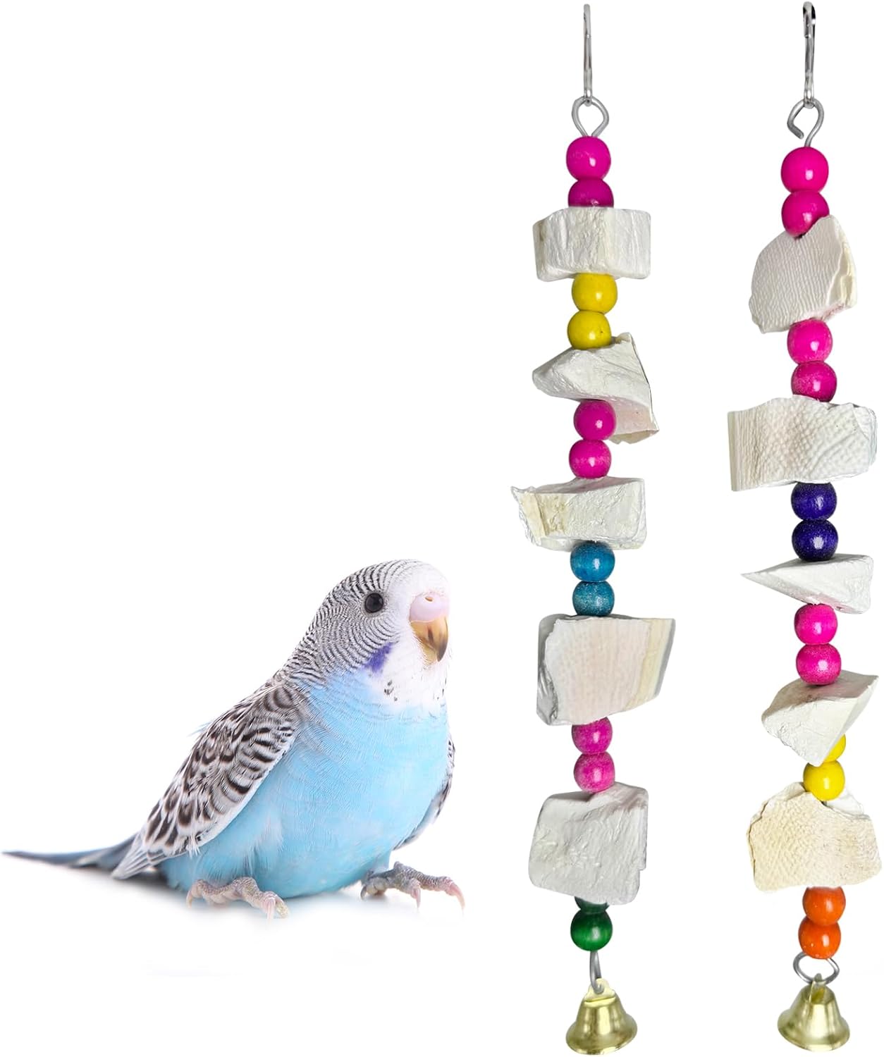 Hamiledyi 2 Pack Bird Toys with Five Cuttlebone - Natural Calcium Chew Toy for Beak Grinding, Hanging Wooden Cage Accessories for Parakeets, Budgies, Cockatiels, Lovebirds(Style C)