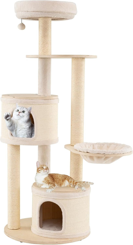 PETSITE 60 Inches Wooden Cat Tree, Multi-Level Modern Cat Tower with Sisal Scratching Posts, Double Condos, Padded Cozy Top Perch, Multiple Jumping Platforms, and Hanging Ball, Ideal for Indoor Cats