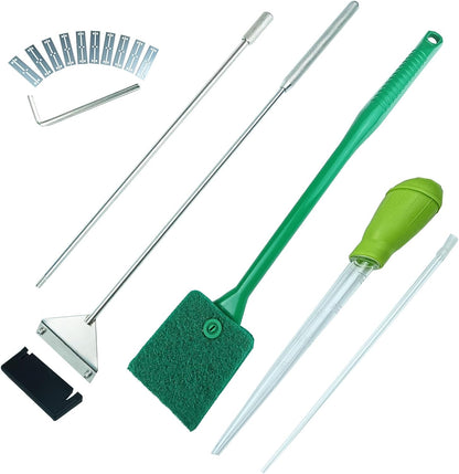 25.2 Inch Aquarium Algae Scraper/Remover for Glass Fish Tanks, Stainless Steel Cleaner Tool Kit/Cleaning Accessories with 10 Replaceable Blades + Coral Feeder + Double-Sided Sponge Brush