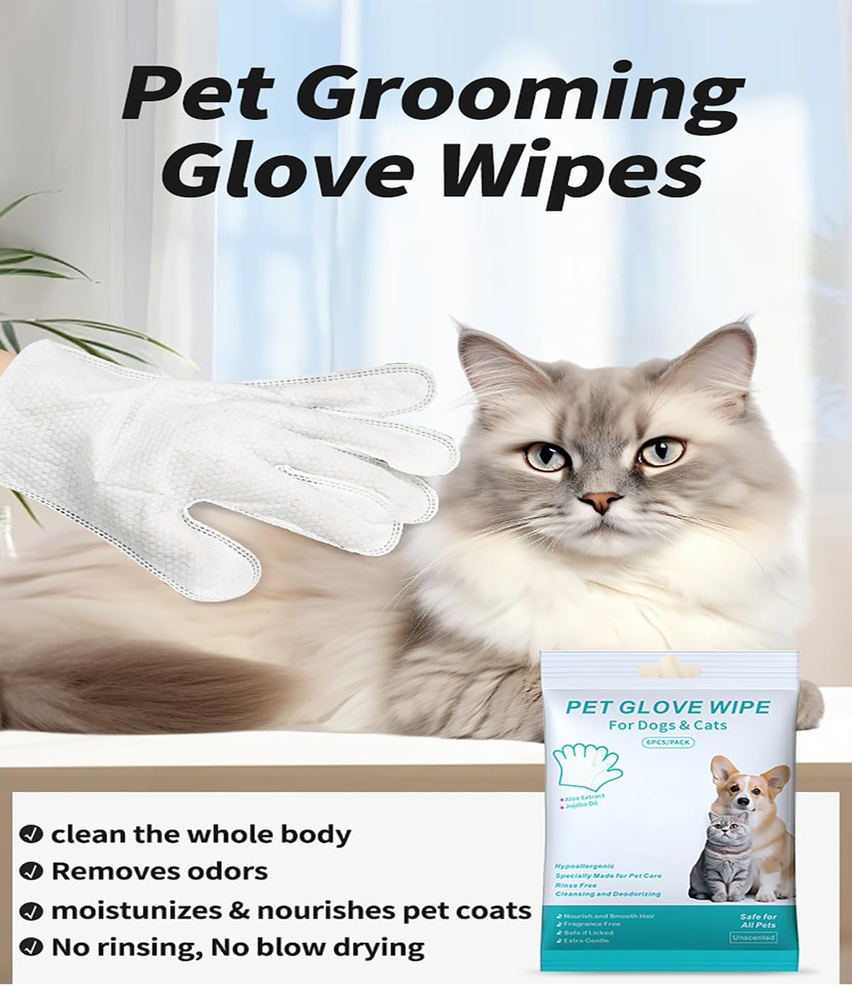 AQUASAFE Pet Bath & Cleaning Gloves for Allergy Prevention & Deodorizing | Thick, Moisturizing Wipes with Aloe & Vitamin E | No Rinse Needed for Daily Care, Travel, Grooming(12PCS)