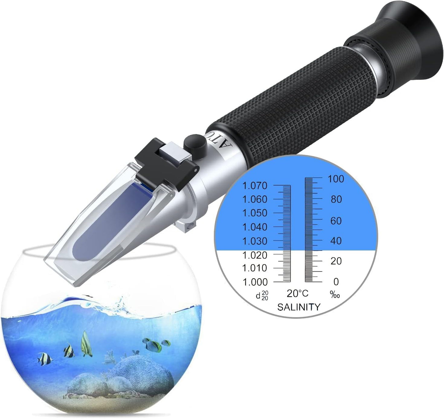 AUTOUTLET Refractometer Saltwater Aquarium for Seawater,Pool,Tank,Testing,Marine Fishkeeping, 0-100PPT & 1.000-1.070 Salinity Tester with ATC Function Hydrometer Specific Gravity Salinity Meter Kit