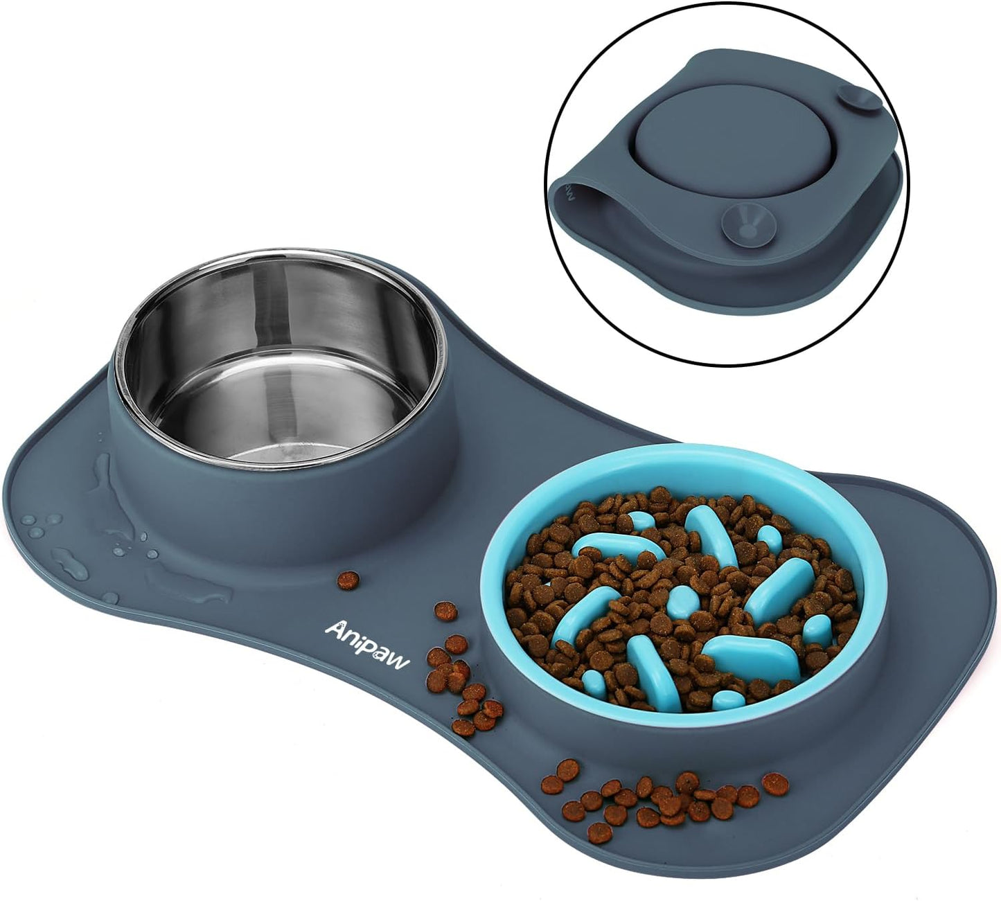 Slow Feeder Dog Bowls 3 in 1 Stainless Steel Dog Food and Water Bowls with Non-Spill and Non-Skid Silicone Mat to Slow Down Eating for Large Medium Small Breed Size Dogs and Cats